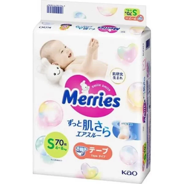 MERRIES sauskelnės S, 4-8 kg, 70 + 6 vnt.