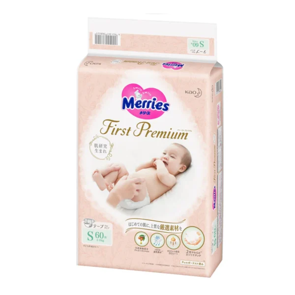 MERRIES First Premium sauskelnės S 4-8 kg, 60 vnt.